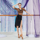 Black high low tie waist Latin dance skirt, front view