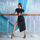 Black ruched cascade ruffle Latin dance skirt, back view