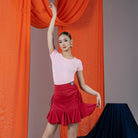 Wine Red drawstring mermaid ruffle Latin dance skirt for salsa practice, front view