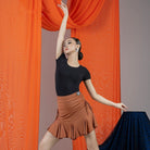 Coffee drawstring mermaid ruffle Latin dance skirt, front view