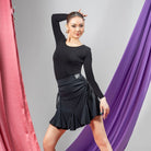 Black drawstring mermaid ruffle Latin dance skirt, front view
