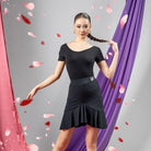 Black diagonal flounce Latin dance skirt for salsa practice, front view