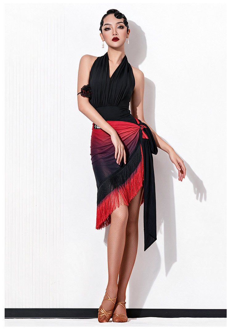 Black and red ombre fringe wrap dance skirt, front view