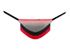 Black and red fringe wrap skirt, laid flat