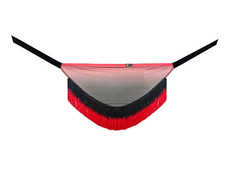 Black and red fringe wrap skirt, laid flat