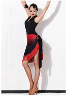 Black and red ombre fringe wrap dance skirt, side view