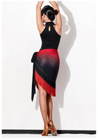 Black and red ombre fringe wrap dance skirt, back view