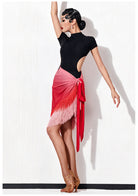 Pink and red ombre fringe wrap dance skirt, side view