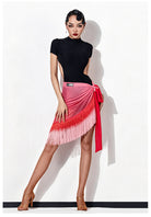 Pink and red ombre fringe wrap dance skirt, movement view