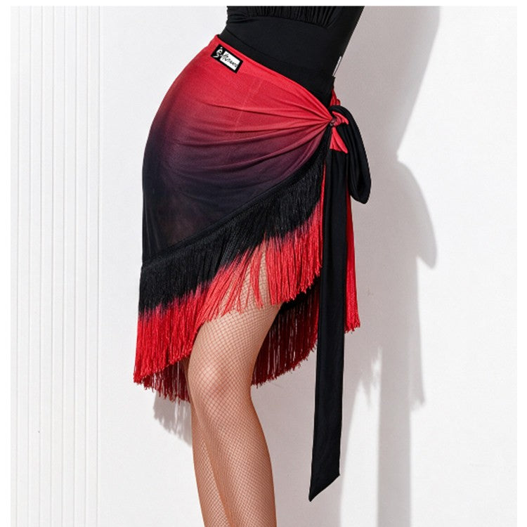 Black and red ombre fringe Latin dance skirt for salsa, waist-down front view