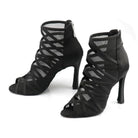 black satin crisscross strap dance bootie for women, sheer mesh panels, open toe and silver side zip