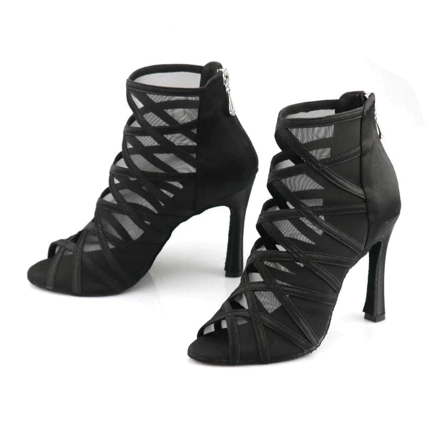 black satin crisscross strap dance bootie for women, sheer mesh panels, open toe and silver side zip