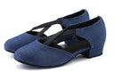 Blue denim ballroom dance shoes pair, closed round toe practice shoes with crossed black elastic straps and low block heel