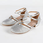 Silver glitter ballroom dance shoes pair, closed round toe with twin metallic instep straps, crossed ankle strap and low block heel