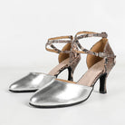 Silver and brown snakeskin print ballroom dance shoes pair, closed toe waltz heels with crossed ankle strap and flared heel