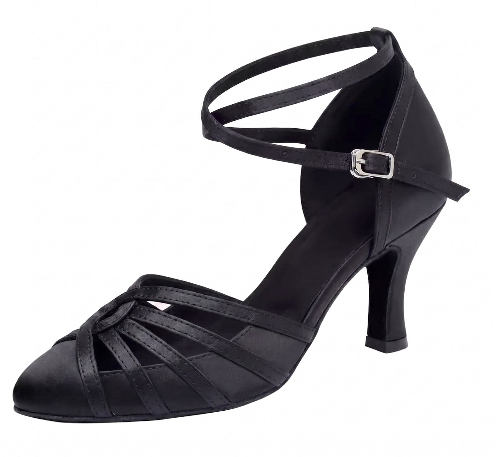 Black satin ballroom dance shoes side view, closed toe waltz heels with narrow straps woven into a knot at the toe and flared heel