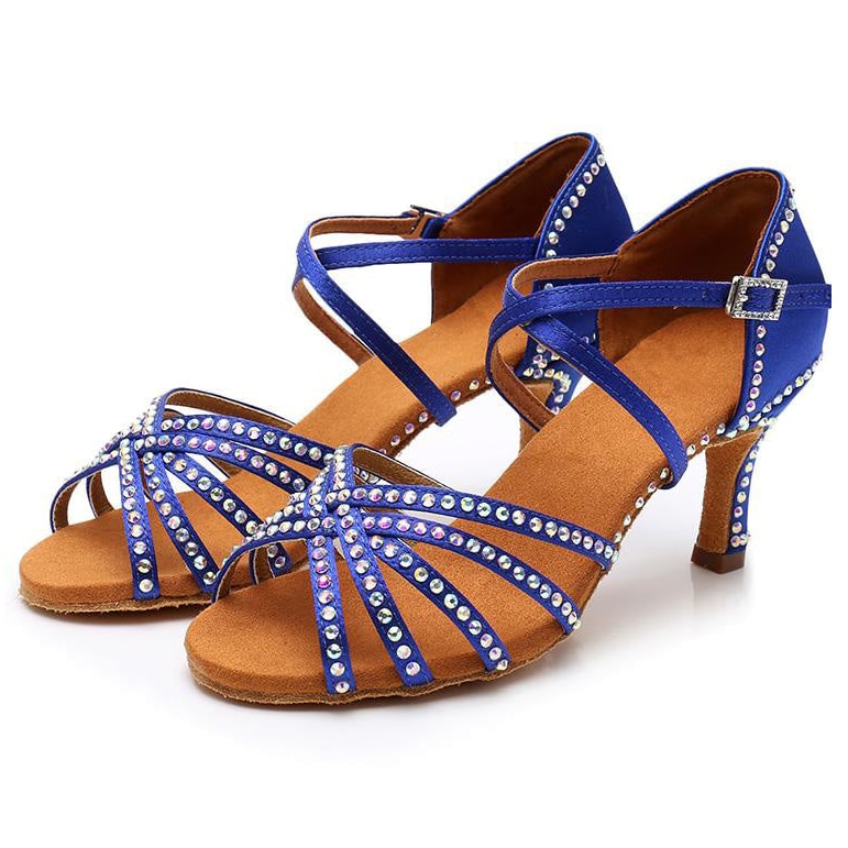 pair of blue satin bachata dance shoes for women with AB rhinestone straps and crossed ankle straps