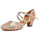 gold glitter mesh closed-toe ballroom dance shoe for women, crisscross straps, low cuban heel