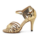 gold metallic latin dance shoe for women with fanned multi-strand toe straps and a glitter-covered stiletto heel