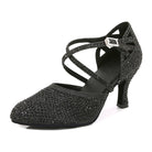 black rhinestone satin closed-toe ballroom dance shoe with crisscross ankle strap and flared heel