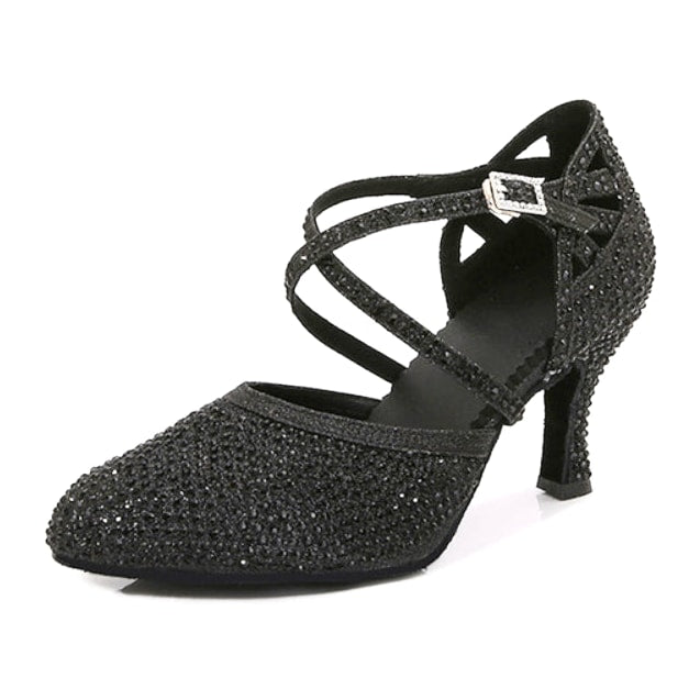 black rhinestone satin closed-toe ballroom dance shoe with crisscross ankle strap and flared heel