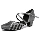 grey mesh-panel closed-toe ballroom dance shoe for women, crisscross straps and low cuban heel