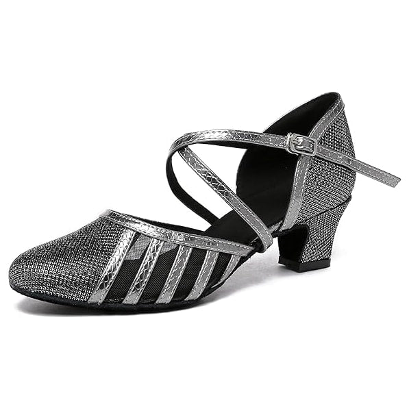grey mesh-panel closed-toe ballroom dance shoe for women, crisscross straps and low cuban heel