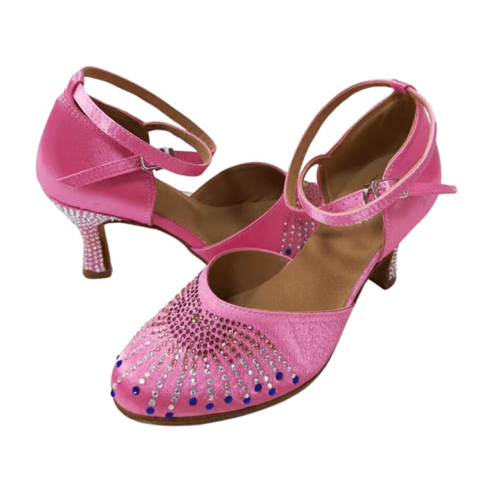 pink satin closed-toe ballroom dance shoes for women, rhinestone sunburst toe, shown as a pair