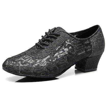 black lace-up ballroom practice shoe for women, three-quarter view of floral lace overlay and cuban heel