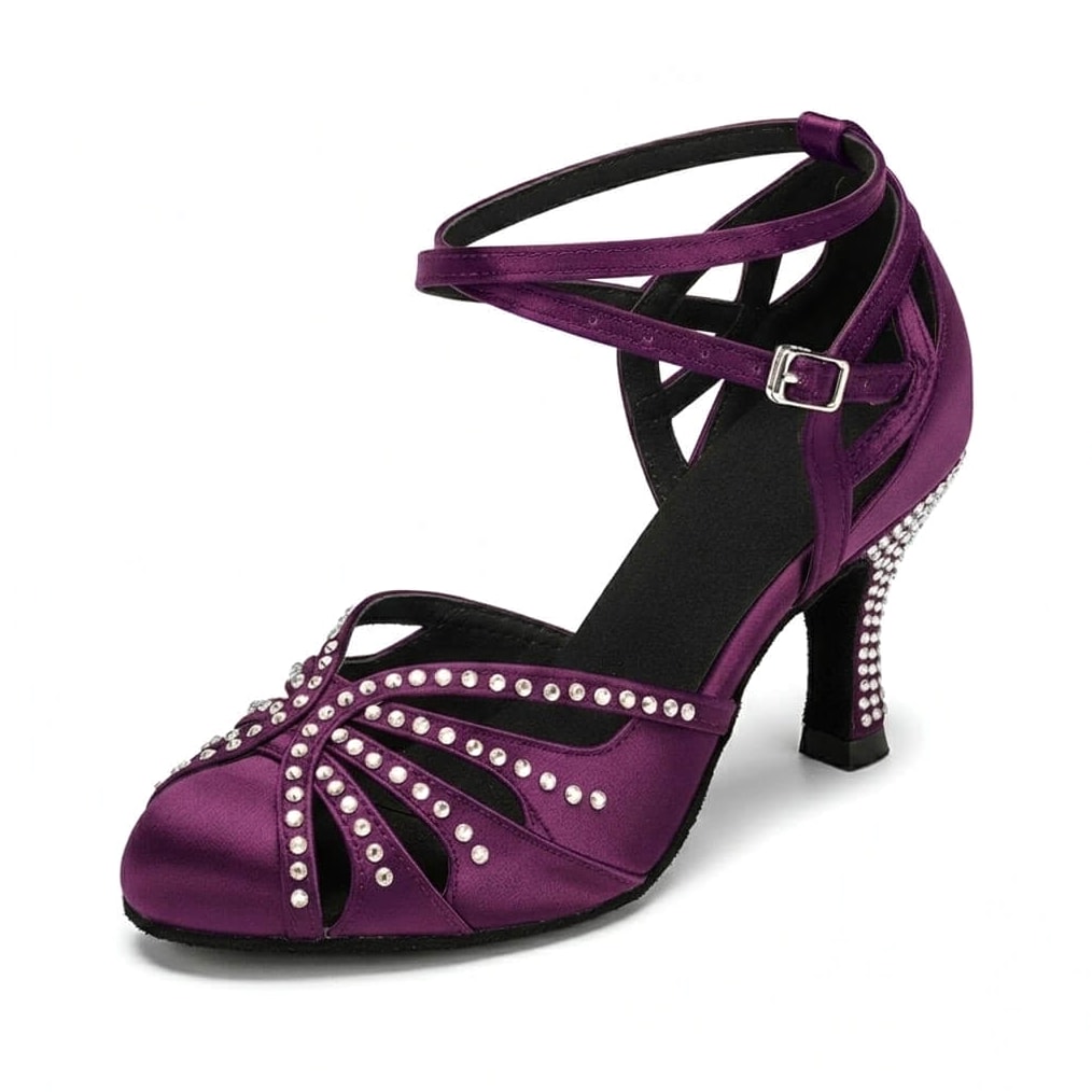 purple satin closed-toe ballroom dance shoe for women, rhinestone starburst toe with crisscross ankle straps