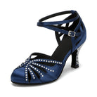 navy blue satin closed-toe ballroom dance shoe for women, rhinestone starburst toe with cross ankle strap