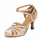 nude satin closed-toe ballroom dance shoe for women, rhinestone swirl toe design and crisscross ankle strap