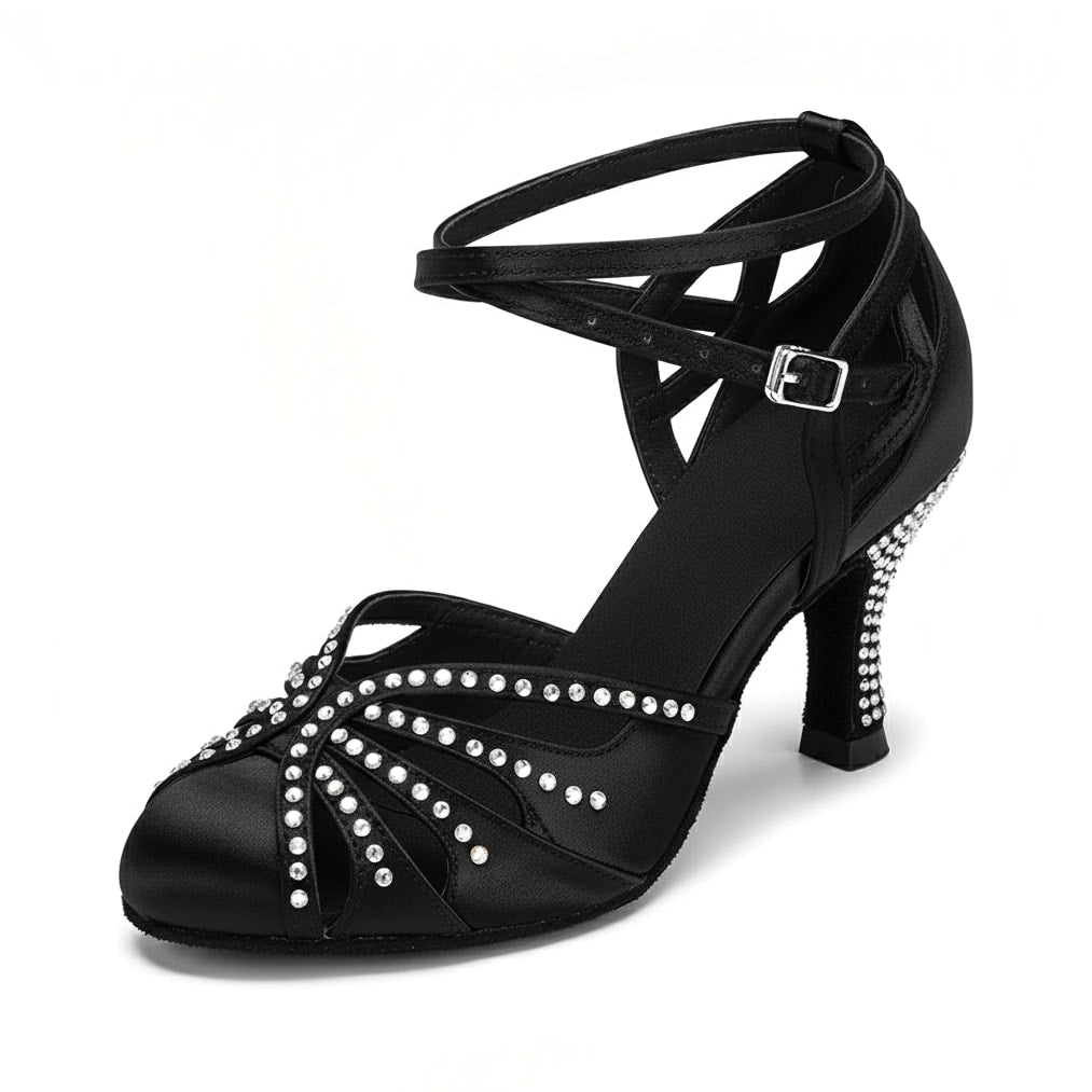 black satin closed-toe ballroom dance shoe for women, rhinestone-trimmed strappy vamp and heel