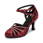 burgundy satin closed-toe ballroom dance shoe for women, rhinestone starburst toe with crisscross ankle straps