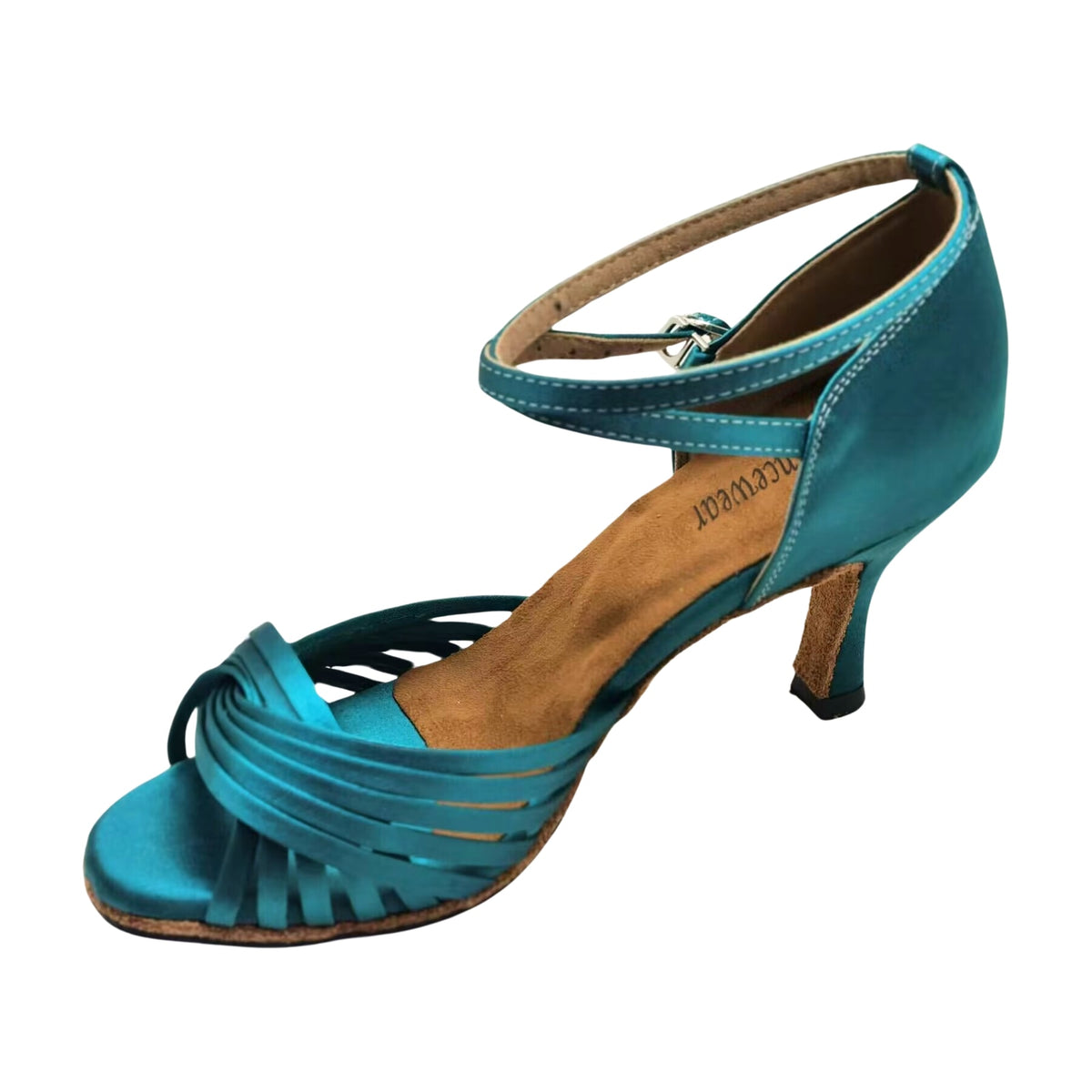 turquoise satin latin dance shoe for women with a knotted multi-strand vamp, buckled ankle strap and a flared heel