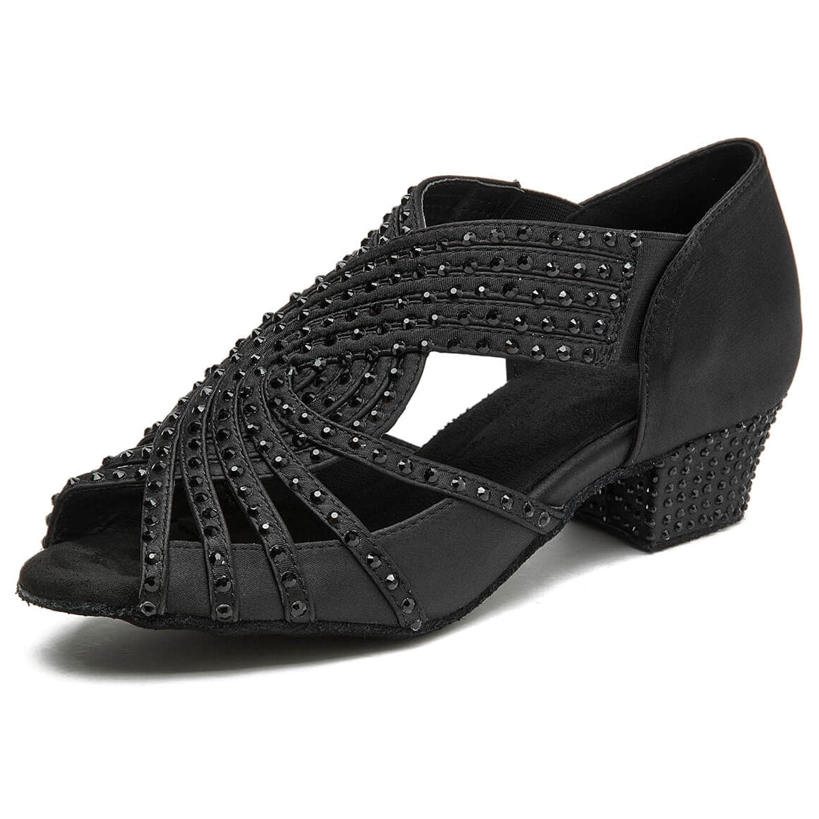 black satin dance shoe for women with 1.5 inch low heel and black rhinestone-studded straps