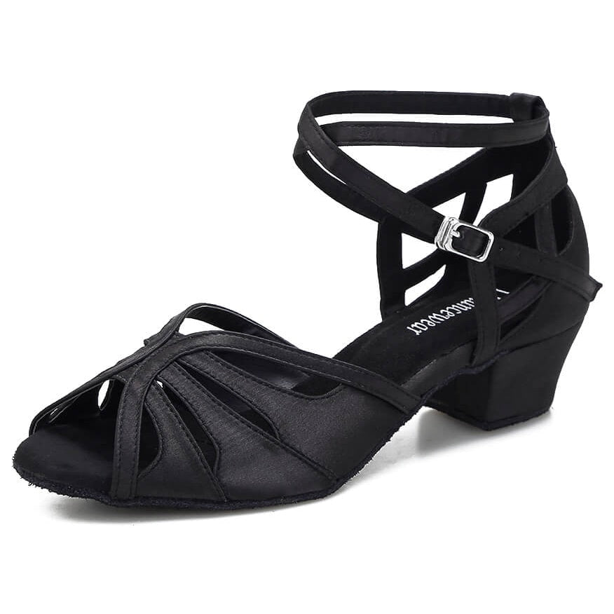 black latin dance shoe for women with a fanned cutout vamp, crossed cutout ankle straps and a low block cuban heel