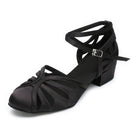 black satin closed-toe ballroom dance shoe for women, crisscross ankle strap, 1.5 inch cuban heel