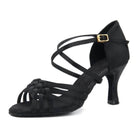 black satin latin dance shoe for women with a woven open toe vamp, crossed ankle straps and gold buckle