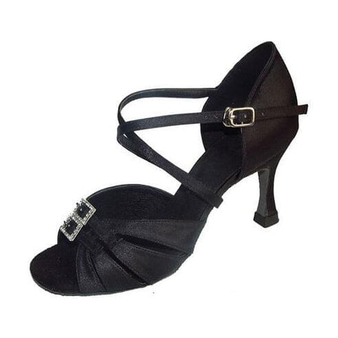 black satin latin dance shoe for women with a pleated vamp, rhinestone buckle ornament, crossed ankle strap and flared heel