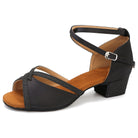 black satin latin dance shoe for women with glitter trimmed crossover straps, crossed ankle strap and a low glitter block heel