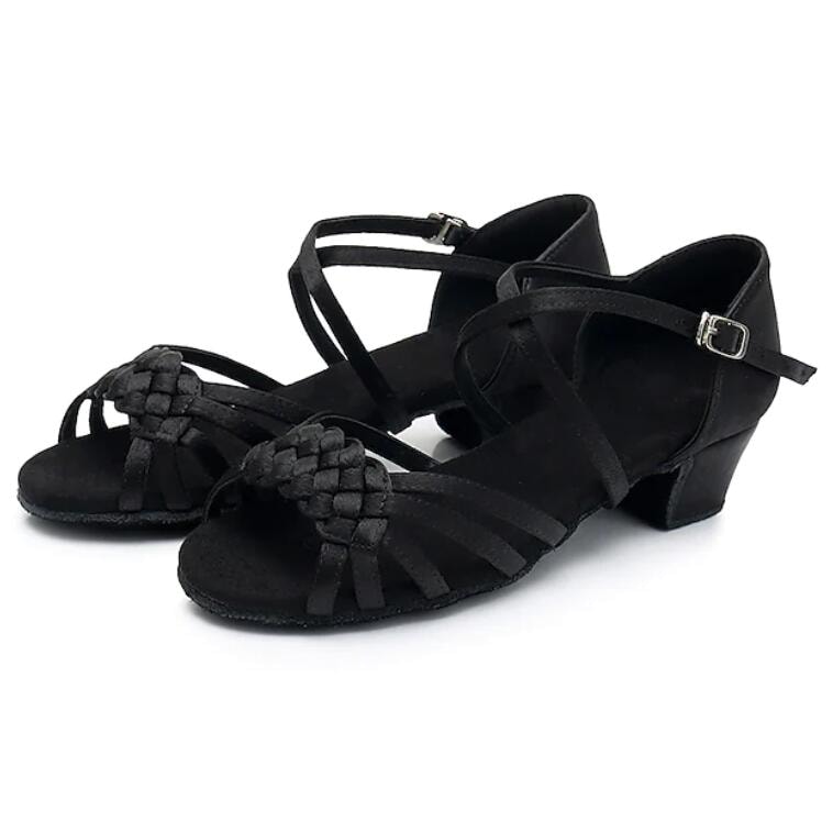 pair of black satin latin dance shoes for women with a woven multi-strand vamp, crossed ankle strap and a low block heel