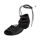 black satin flat lace-up latin dance shoe for women with cutout side panels, ankle ties and a peep toe