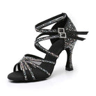 black satin ballroom dance shoe for women with mesh panels, AB rhinestone straps and double buckles