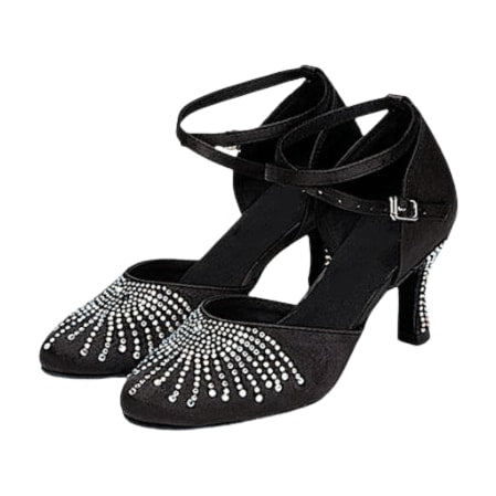pair of black satin closed-toe ballroom dance shoes with rhinestone toe design, crisscross ankle strap