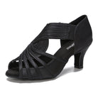 black satin latin dance boot for women with a corded fan vamp, stretch side panel, peep toe and a low flared heel