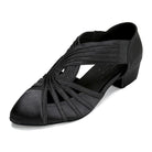 black satin closed-toe ballroom dance shoe for women, woven crisscross straps, low cuban heel