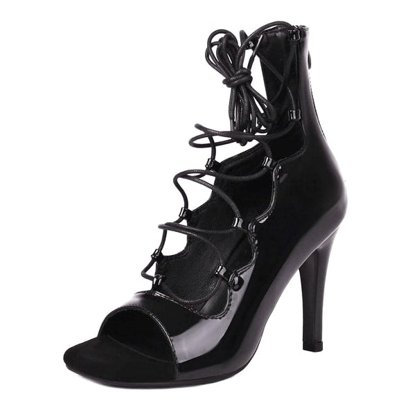 black patent open-toe dance boot for women with wraparound lace ties and cutout side panels