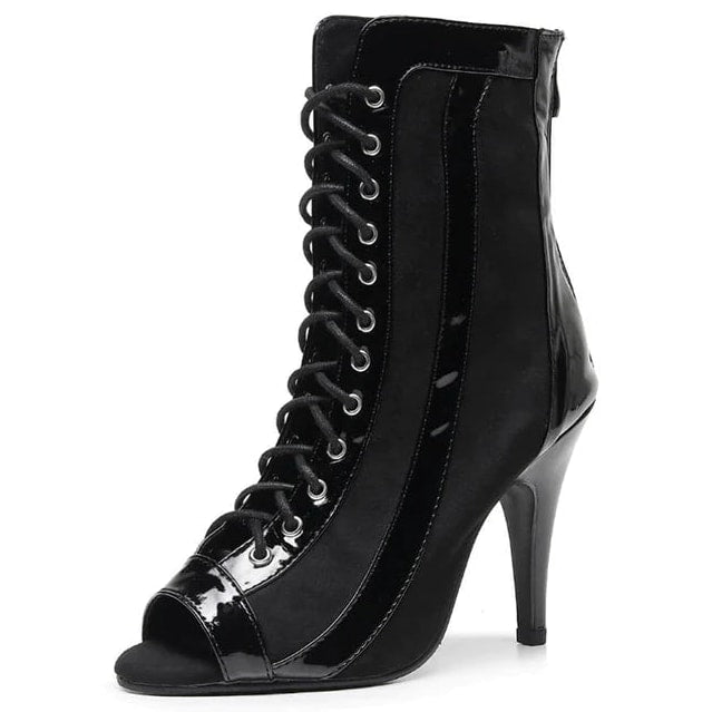 black suede lace-up peep-toe dance boot for women with glossy patent trim and back zip closure