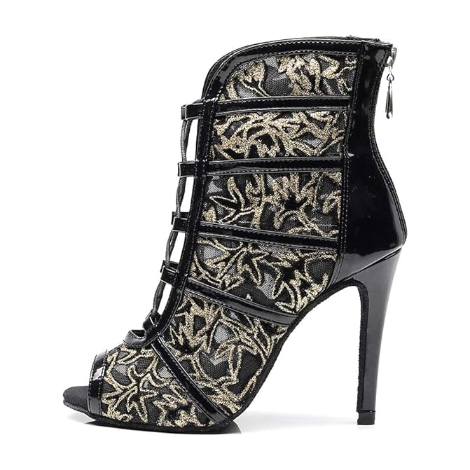 black patent dance boot for women with gold leaf embroidery on sheer mesh and thin stiletto heel